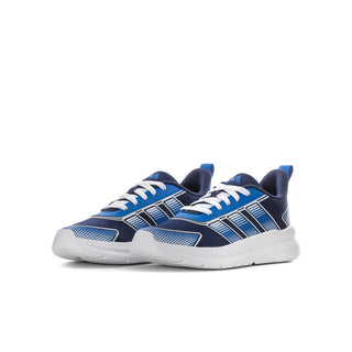 Youth running sneaker side view, navy upper with blue stripes and white sole