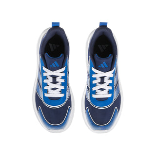 Youth lace-up sneakers with blue laces, navy mesh upper and white trim