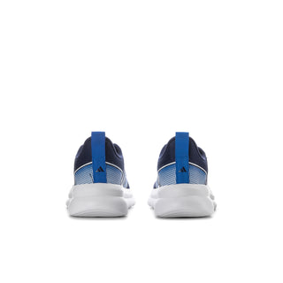 Youth running sneakers, rear view with navy heel and cushioned white sole