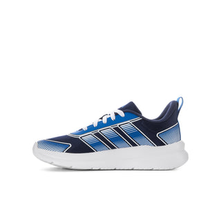 Youth running sneaker front angle, navy upper with blue grid stripes and white sole