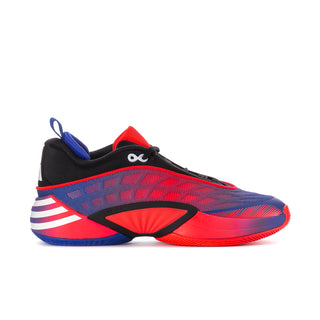 Men's basketball shoes in black, red, and blue with bright red outsole