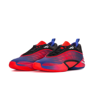 Men's basketball shoes pair, black uppers with red-and-blue side graphics