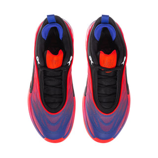 Men's basketball shoes, black uppers with red interior lining and blue pull tabs