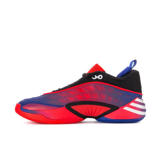 Men's basketball shoes side view, red-and-blue graphic knit with black midfoot cutout