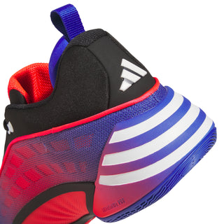 Men's basketball shoes close-up, black upper with blue stripes and red heel details