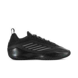 Black low-top men's athletic sneaker with lace-up and side stripe detail