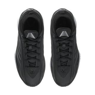 Black men's athletic sneakers front view with lace-up closure and stitched logo