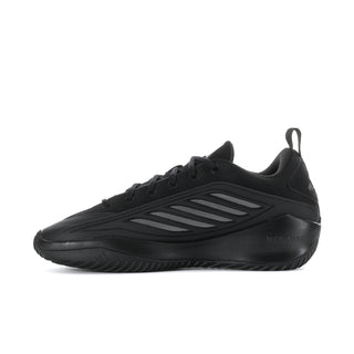 Black low-top men's athletic sneaker side profile with three stripe accents