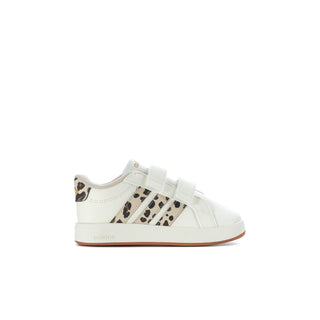 Kids' white adidas sneaker with two hook-and-loop straps and leopard side stripe