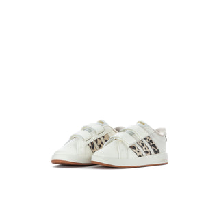 Kids' white adidas Velcro sneaker with leopard-print side stripe and gum outsole