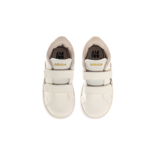 Kids' white adidas sneakers with hook-and-loop straps and padded collar