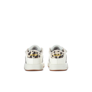 Kids' white adidas sneaker pair, back view with padded heel and gum sole