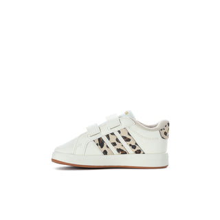 Kids' white adidas sneaker with leopard center stripe and tan gum sole