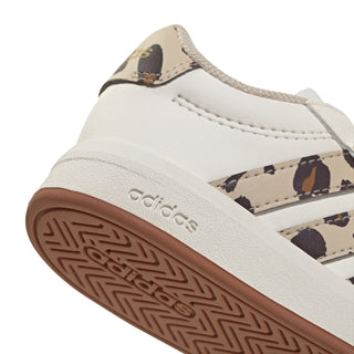 Kids' white adidas sneaker heel, adidas logo on cup sole with leopard side panel