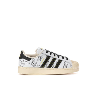Kids low-top sneakers in white with black laces and colorful cartoon Pikachu prints