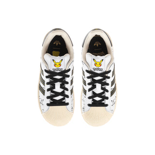 Kids low-top sneakers front view with Pikachu graphic, black laces, white upper