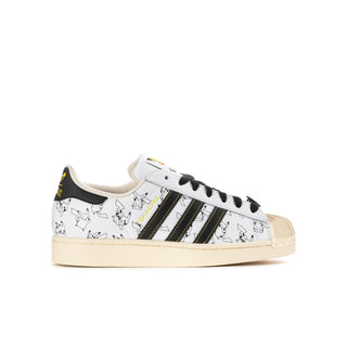 Youth Adidas Superstar II sneaker in white with black Pokemon print, black stripes, shell toe