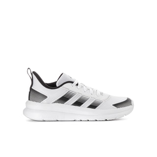 Youth running shoes, white knit with black stripes and lace-up front, cushioned sole