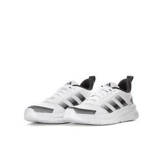 Youth running shoes, white upper with black heel collars and three-bar stripe details