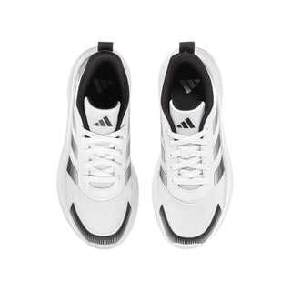 Youth running shoes, white mesh upper with black lining, lace-up closure