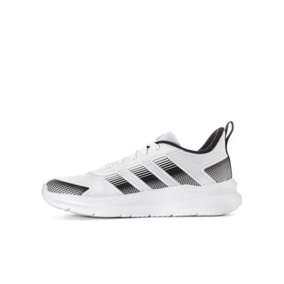 Youth running shoes, white knit with black stripe overlays and lace-up front