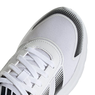Youth running shoes, white mesh toe with black side panel and lace eyelets