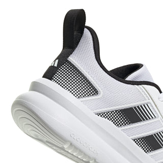 Youth running shoes, white knit with black perforated stripes and cushioned midsole