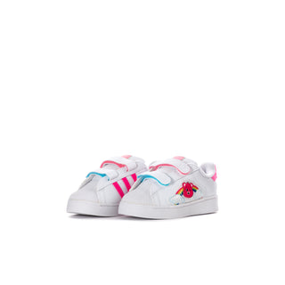 Toddler low-top sneakers, white with pink side accents and rainbow character patch