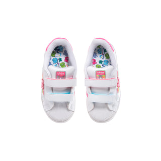 Toddler sneaker pair with white uppers, hook-and-loop strap, and colorful lining