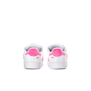 Toddler sneaker back view in white with pink heel accents and rainbow icon