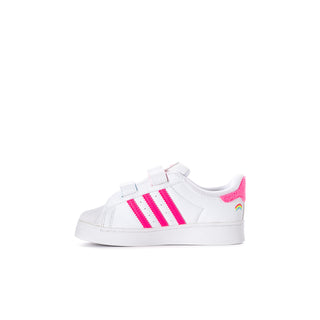 Toddler low-top sneaker in white with pink triple stripes and rainbow side detail