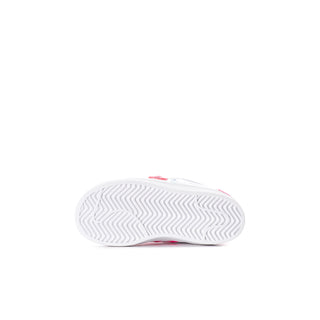Toddler sneaker outsole view with textured tread and pink edge accents
