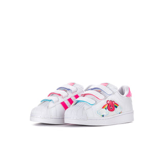 Kids' white Care Bears sneakers with pink accents, two-tone hook-and-loop straps