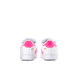 Kids' white sneakers with pink heel detail and rainbow graphic on back