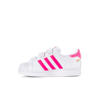 Kids' white Adidas-style sneakers with pink stripes and rainbow Care Bears accents