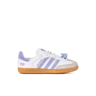 Kids' low-top sneakers in white with purple stripes, Care Bears accents, and gum sole