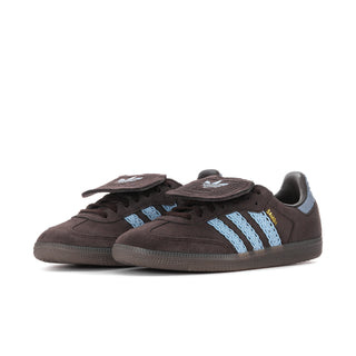 Women's Samba OG low sneakers in dark brown suede with light blue three-stripe design