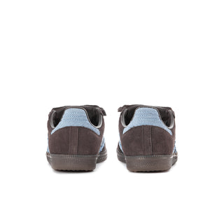 Back view of dark brown suede low-top sneakers with light blue heel panel