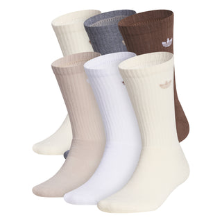 6-pack crew socks with trefoil logos in beige, white, blue and brown