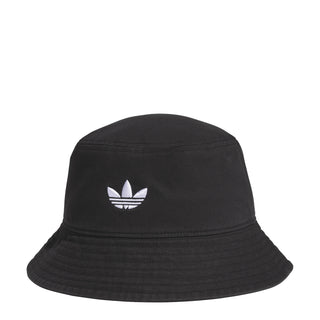 Black unisex bucket hat with white trefoil logo
