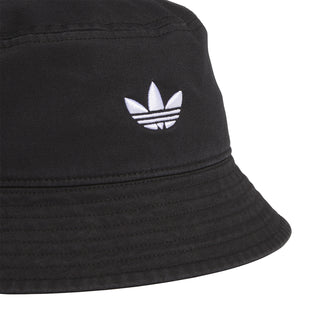Black bucket hat with white trefoil logo on front panel