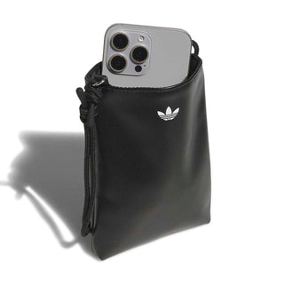 Black flat crossbody bag with drawstring, Adidas trefoil logo, phone in front pocket