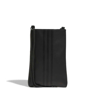 Black flat crossbody bag back view with vertical pattern and top loop