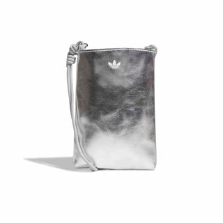 Metallic silver flat crossbody bag with adidas trefoil logo and drawstring ties