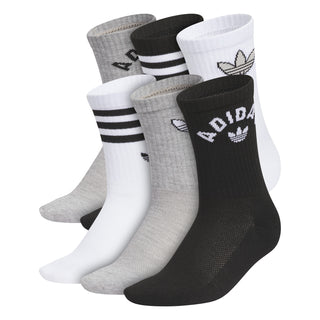 6-pack youth crew socks in grey, black, and white with logos and striped cuffs