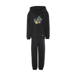 Black kids fleece hoodie and jogger set with colorful Pokemon character front graphic