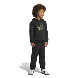 Black kids fleece hoodie and jogger set worn by child, front view, character print
