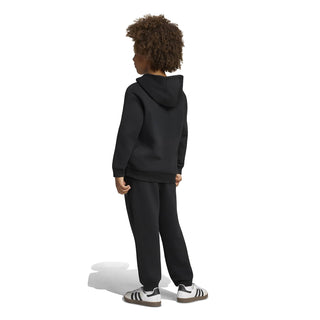 Black kids fleece hoodie and jogger set, back view with hood and full-length pants