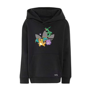 Black kids fleece hoodie with large colorful Pokemon character graphic on front