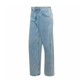 Mens light blue denim pants with belt loops, front button, and back patch pockets